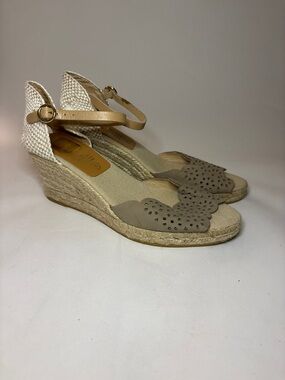 kanna Beige and Cream Laser-Cut Espadrille Wedges Size 8